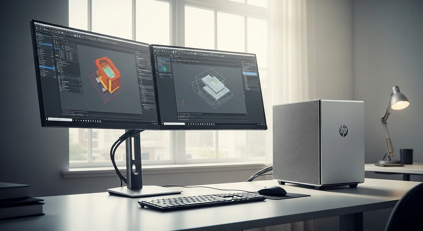 Un setup de trabajo profesional con una computadora HP Z2 SFF G5 conectada a dos monitores mostrando software de diseño CAD