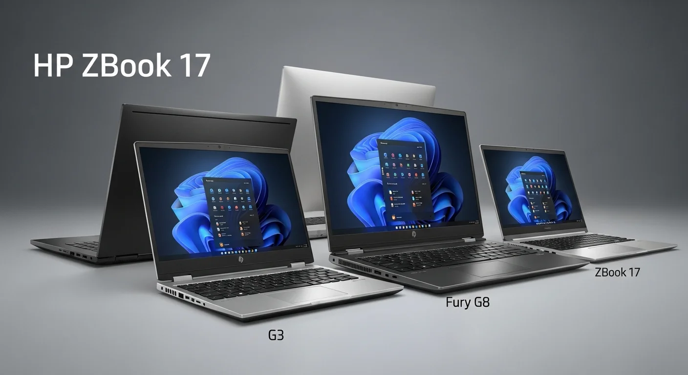 Una composición de varias generaciones de computadoras HP ZBook 17, mostrando la evolución del diseño desde el G3 hasta el Fury G8, simbolizando el avance de la tecnología en laptops.