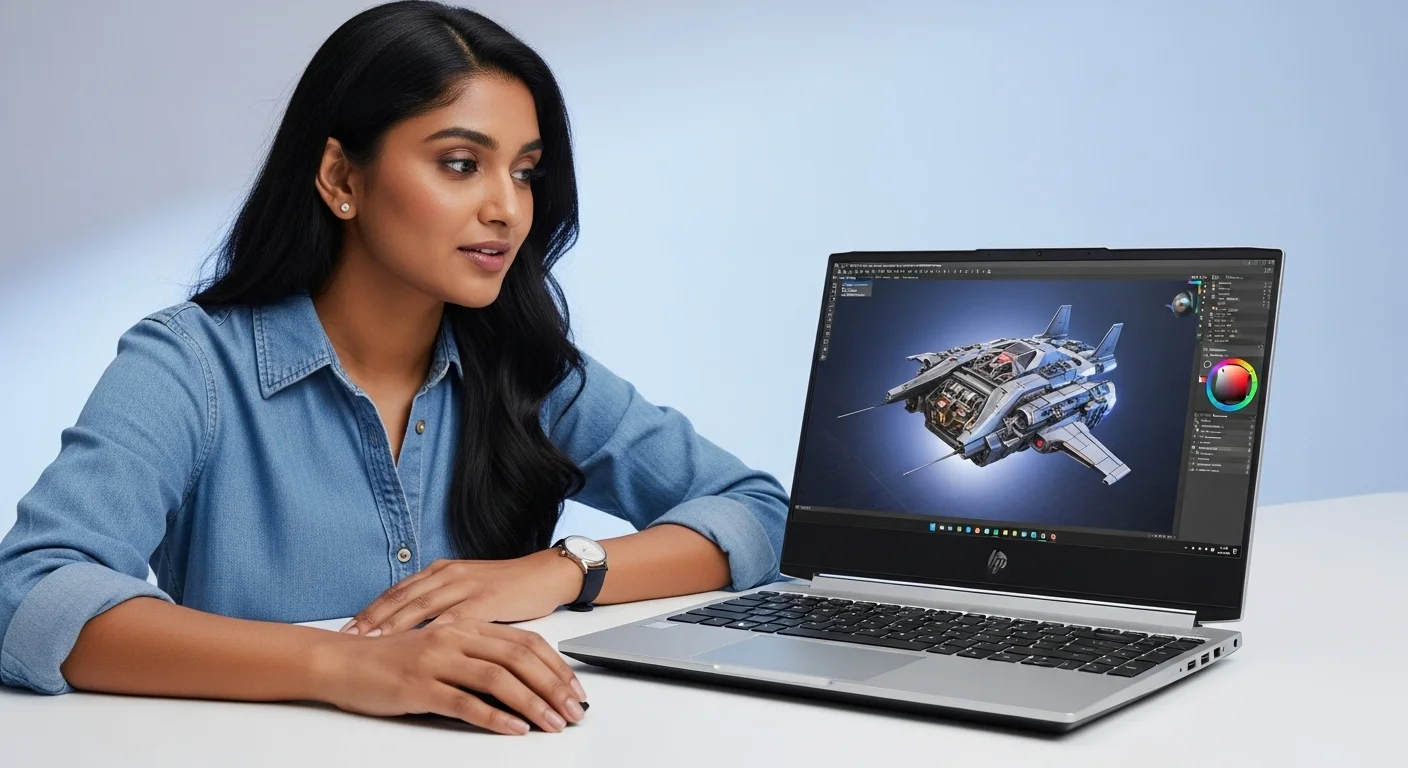 Un profesional creativo trabajando en un HP ZBook Fury G8, con software de diseño 3D en la pantalla, destacando su potencia y precisión de color.