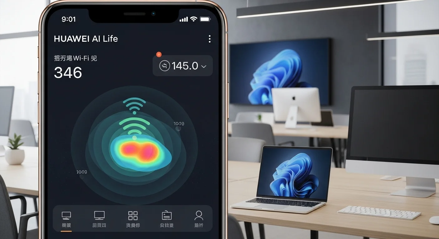 Captura de pantalla de la aplicación Huawei AI Life mostrando el mapa de calor de la señal Wi-Fi en un hogar y la gestión de dispositivos conectados, incluyendo computadoras y laptops.
