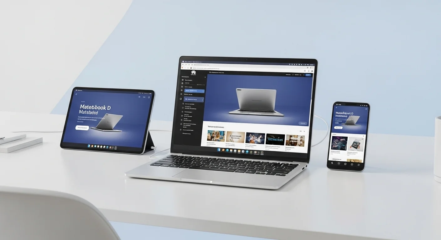 Workspace con una computadora Huawei Matebook D conectada a un smartphone y una tablet mediante Huawei Share, mostrando la colaboración multipantalla.