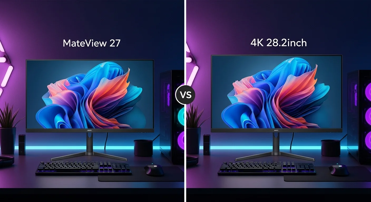 Comparativa lado a lado de los monitores Huawei Mateview 27 y el modelo 4k de 28.2 pulgadas, mostrando su aplicación en el entorno de las computadoras.