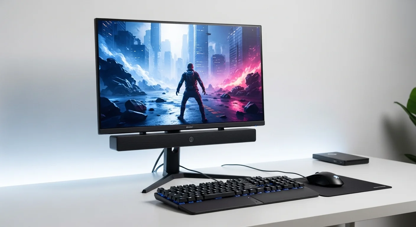 Setup de gaming y productividad con el monitor Huawei MateView GT 34 Sound Edition mostrando su barra de sonido integrada junto a un teclado y mouse.