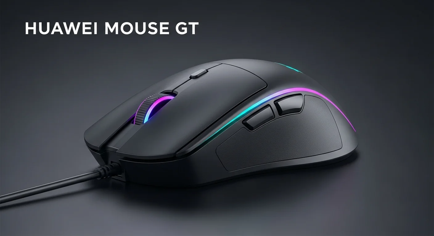 Imagen detallada del Huawei Mouse GT mostrando su diseño ergonómico y la iluminación RGB.