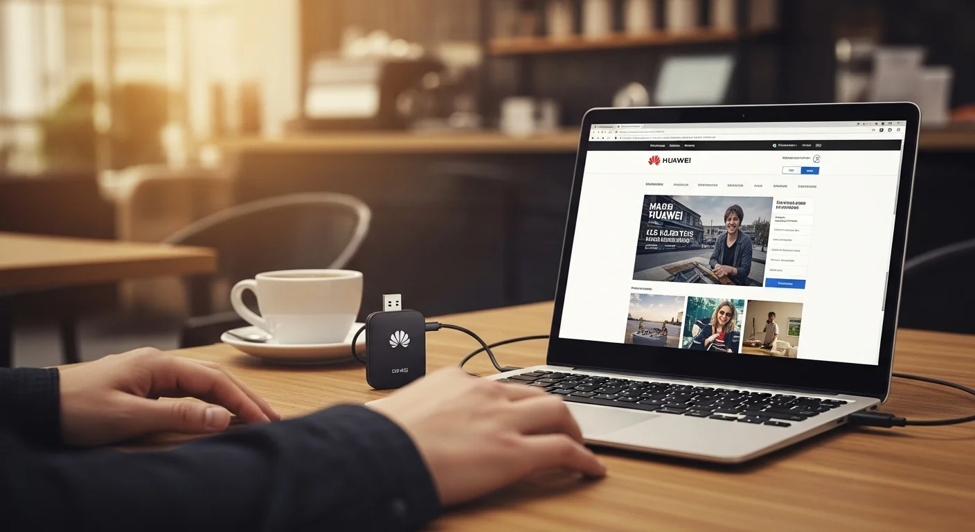 Un huawei usb modem 4G conectado a una laptop en una cafetería, mostrando la portabilidad y el acceso a internet en cualquier lugar para las computadoras.
