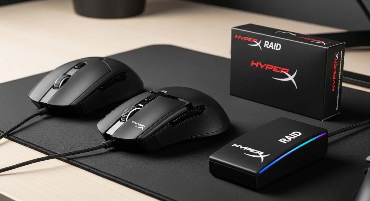 Colección de periféricos Hyperx, incluyendo el ratón Hyperx Surge y el Hyperx Raid, sobre un mousepad, destacando su diseño para computadoras gaming.