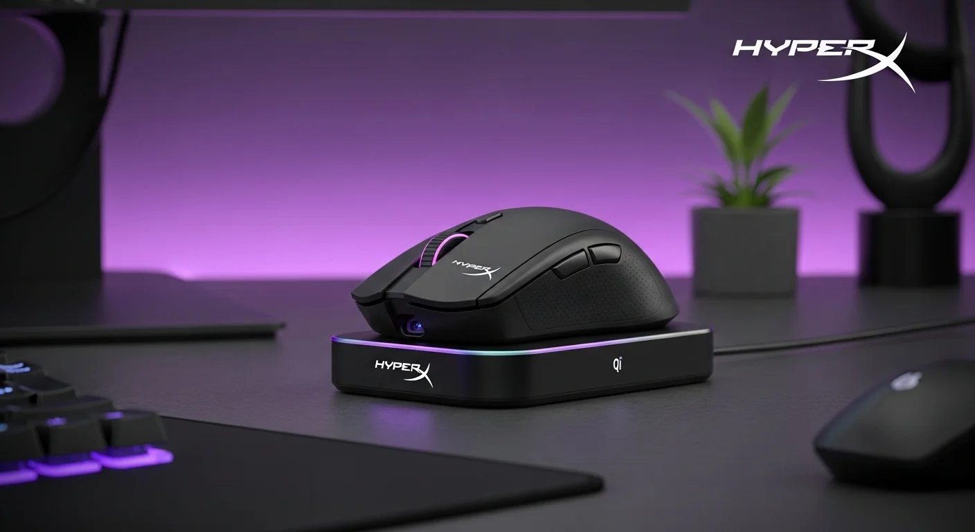 El mouse HyperX Pulsefire Dart Wireless colocado sobre una base de carga inalámbrica Qi, mostrando su capacidad de carga sin cables en un escritorio moderno