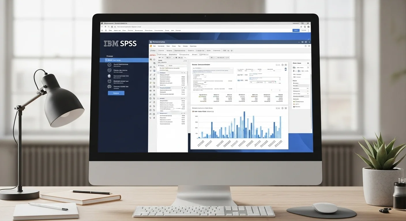 Una pantalla mostrando la interfaz del software SPSS IBM con gráficos y datos estadísticos, simbolizando el análisis de datos y la tecnología.