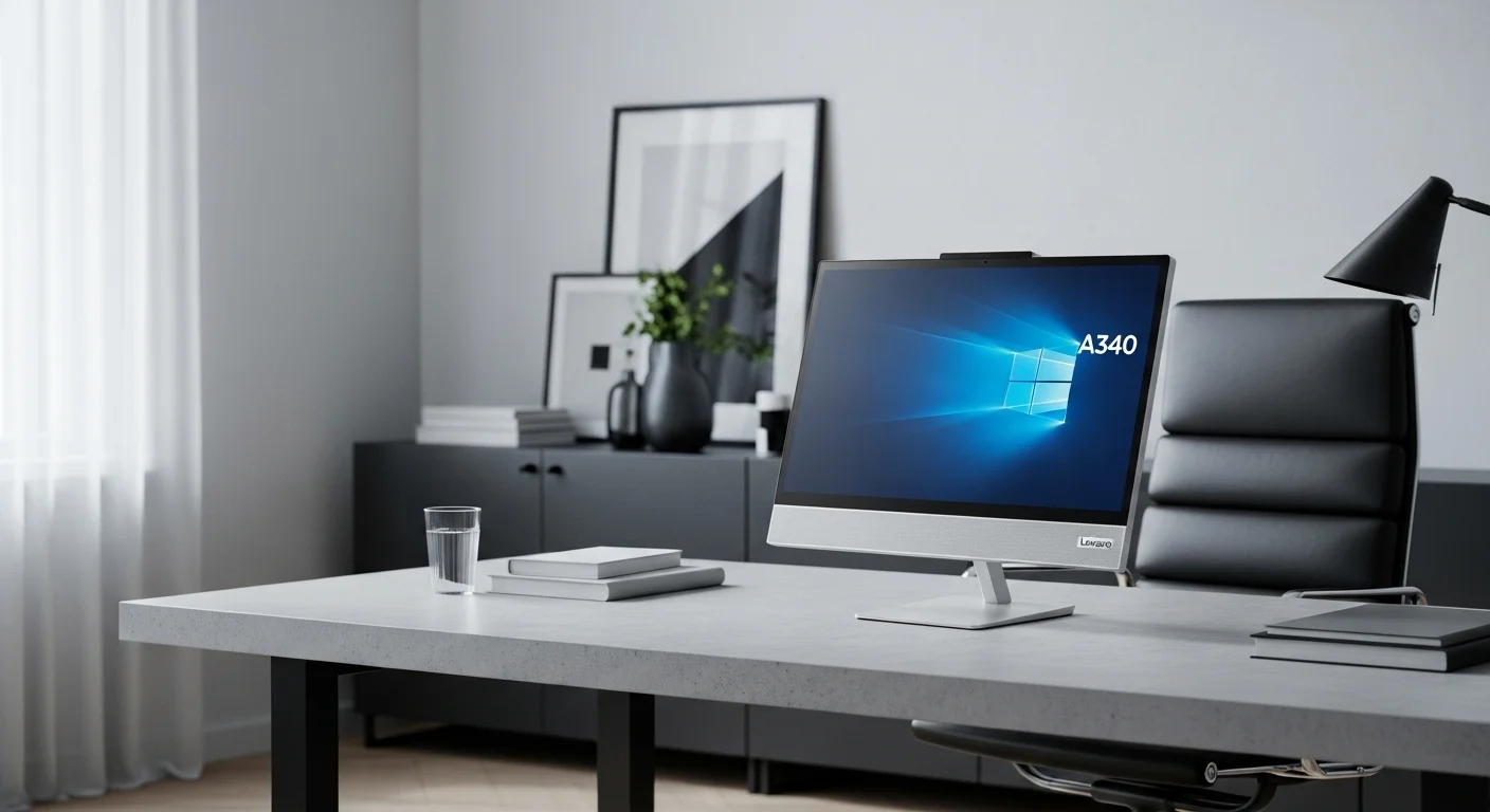 Computadora All-in-One Ideacentre A340 de Lenovo en un entorno de oficina minimalista, destacando su diseño elegante y ahorro de espacio.