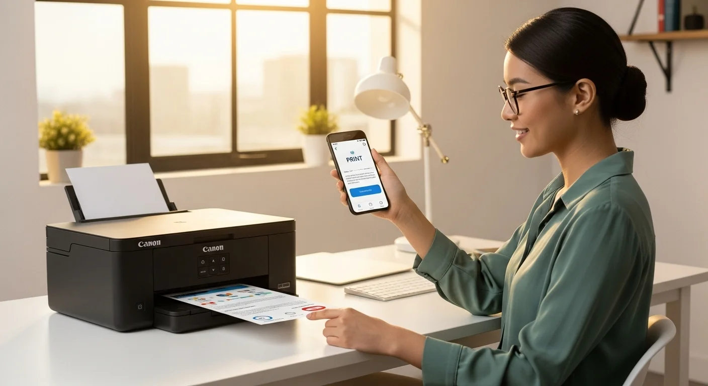 Persona utilizando un smartphone para enviar un documento a la impresora Canon PIXMA MG3610 mediante la aplicación Canon PRINT.