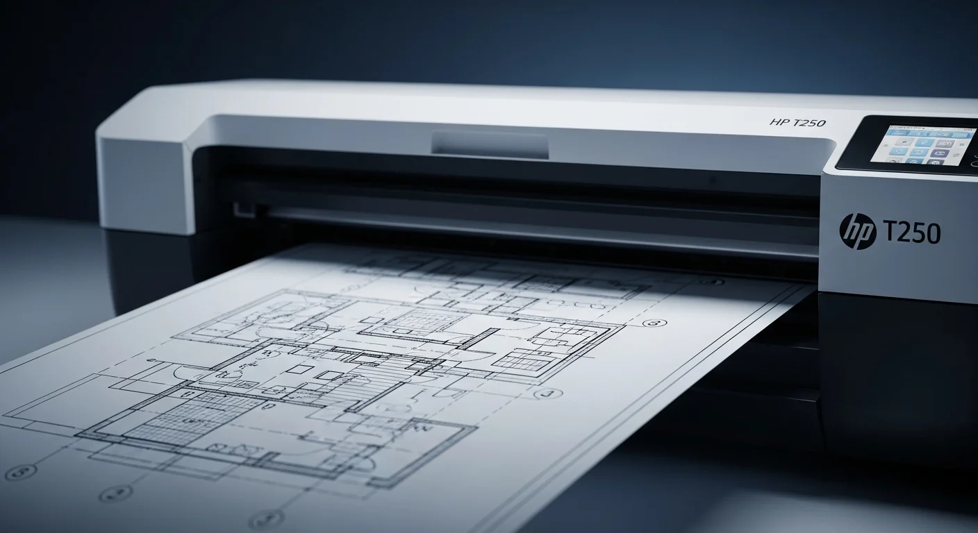 Primer plano de un plano arquitectónico detallado saliendo del plotter HP T250, destacando la precisión de las líneas.