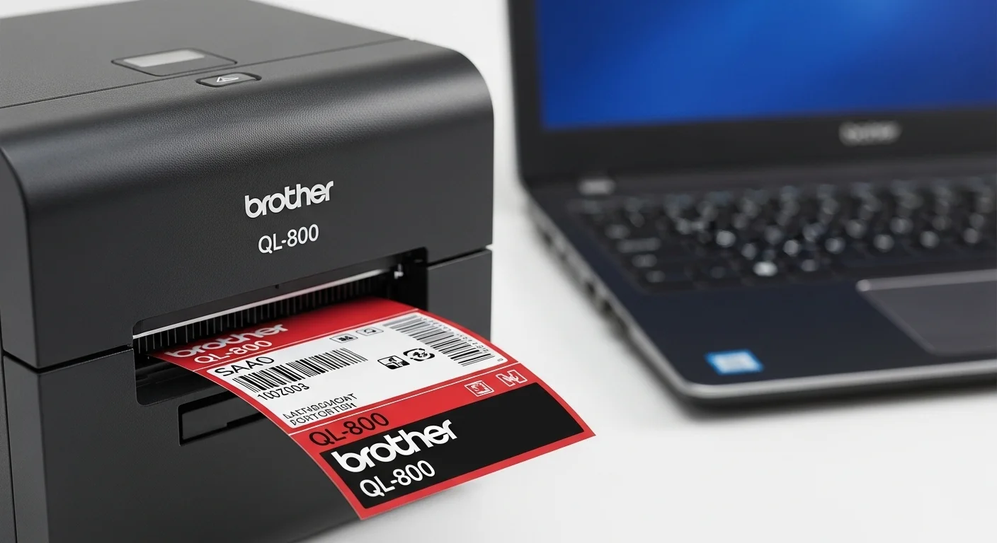 Primer plano de la impresora de etiquetas Brother QL-800 en acción, imprimiendo una etiqueta de envío en rojo y negro, con una computadora portátil al fondo.