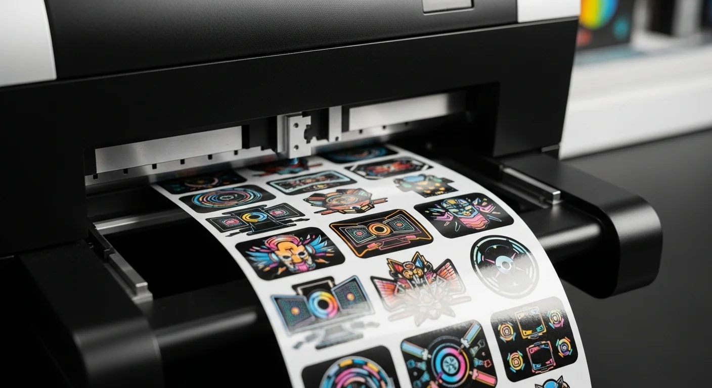 Primer plano de una impresora de stickers a color imprimiendo una hoja de vinilo adhesivo con diseños vibrantes para computadoras.