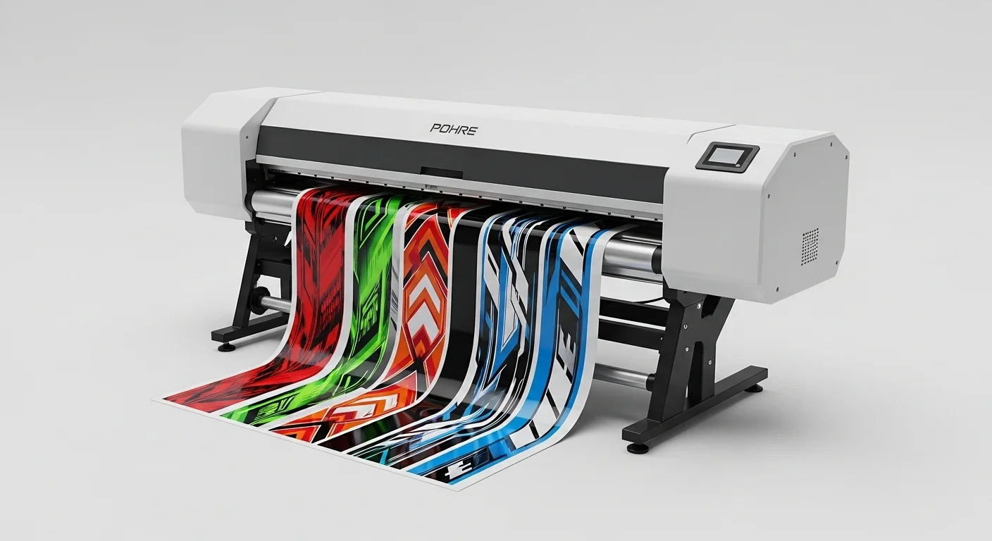Una impresora de vinil de gran formato produciendo gráficos a todo color para rotulación, mostrando la calidad y tecnología del equipo.