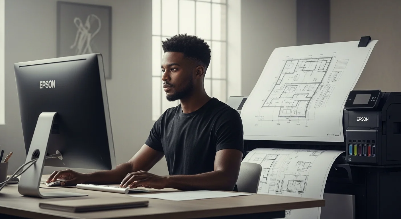 Un diseñador gráfico trabajando en su computadora y utilizando una impresora Epson A3 sistema continuo para imprimir un plano de gran formato.