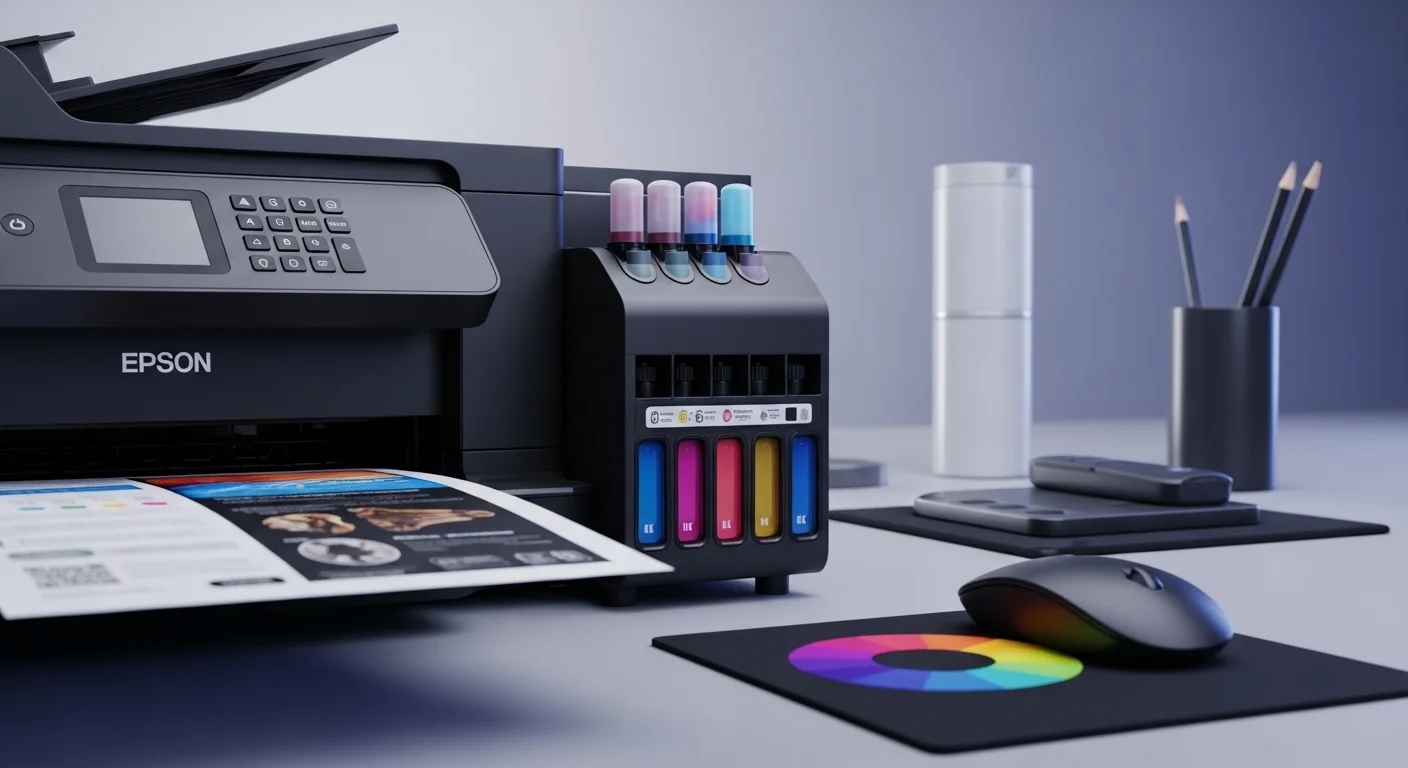 Detalle del sistema de tinta continua de una impresora Epson doble carta, ideal para computadoras en entornos de diseño gráfico.