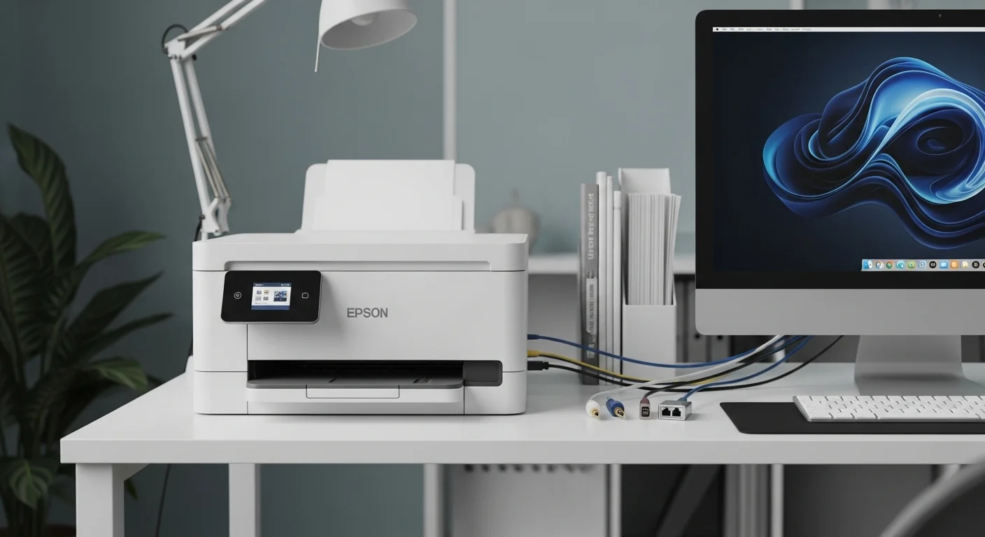 Una oficina moderna con una impresora Epson duplex en primer plano y detalles de cable duplex de red y audio conectados a una computadora.