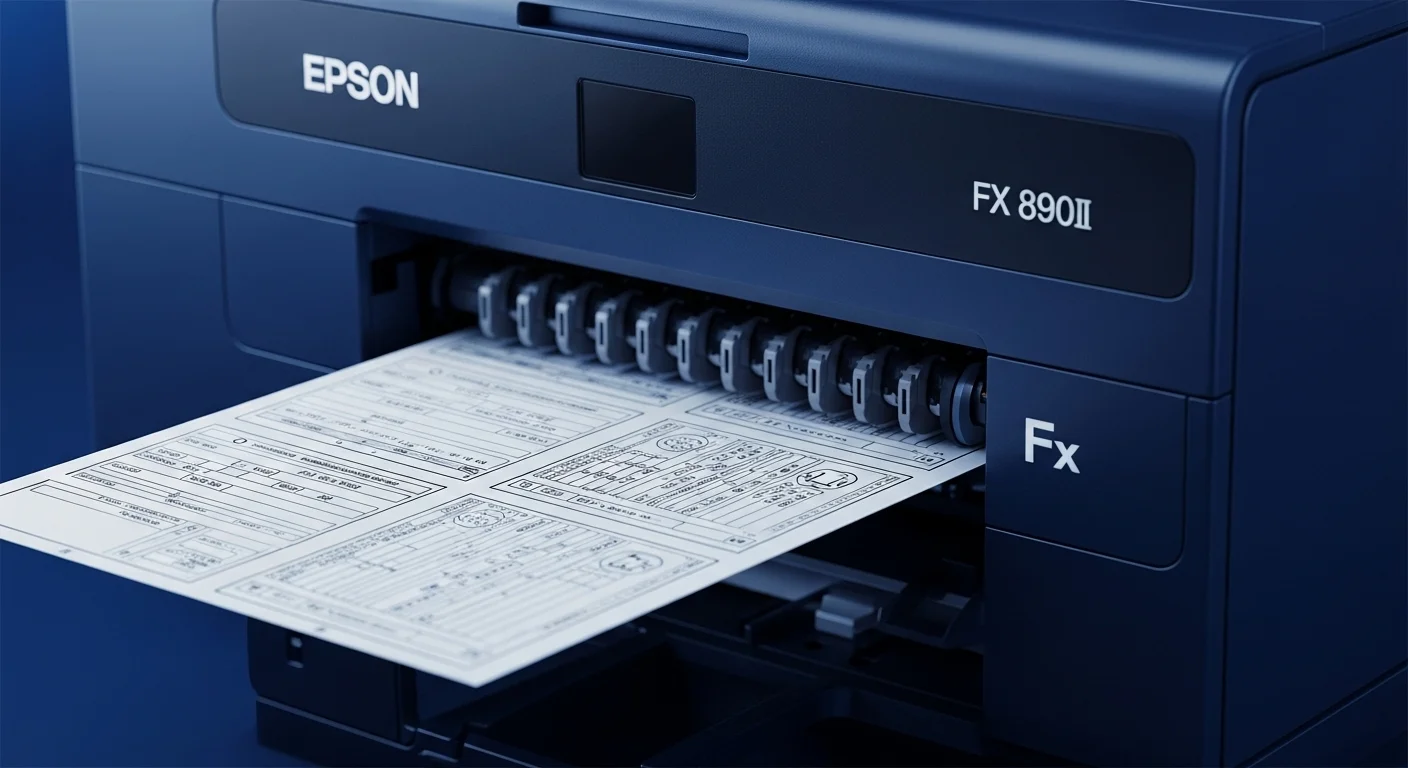 Primer plano de una impresora epson fx 890ii imprimiendo un formulario multicapa, mostrando la tecnología Fx en acción