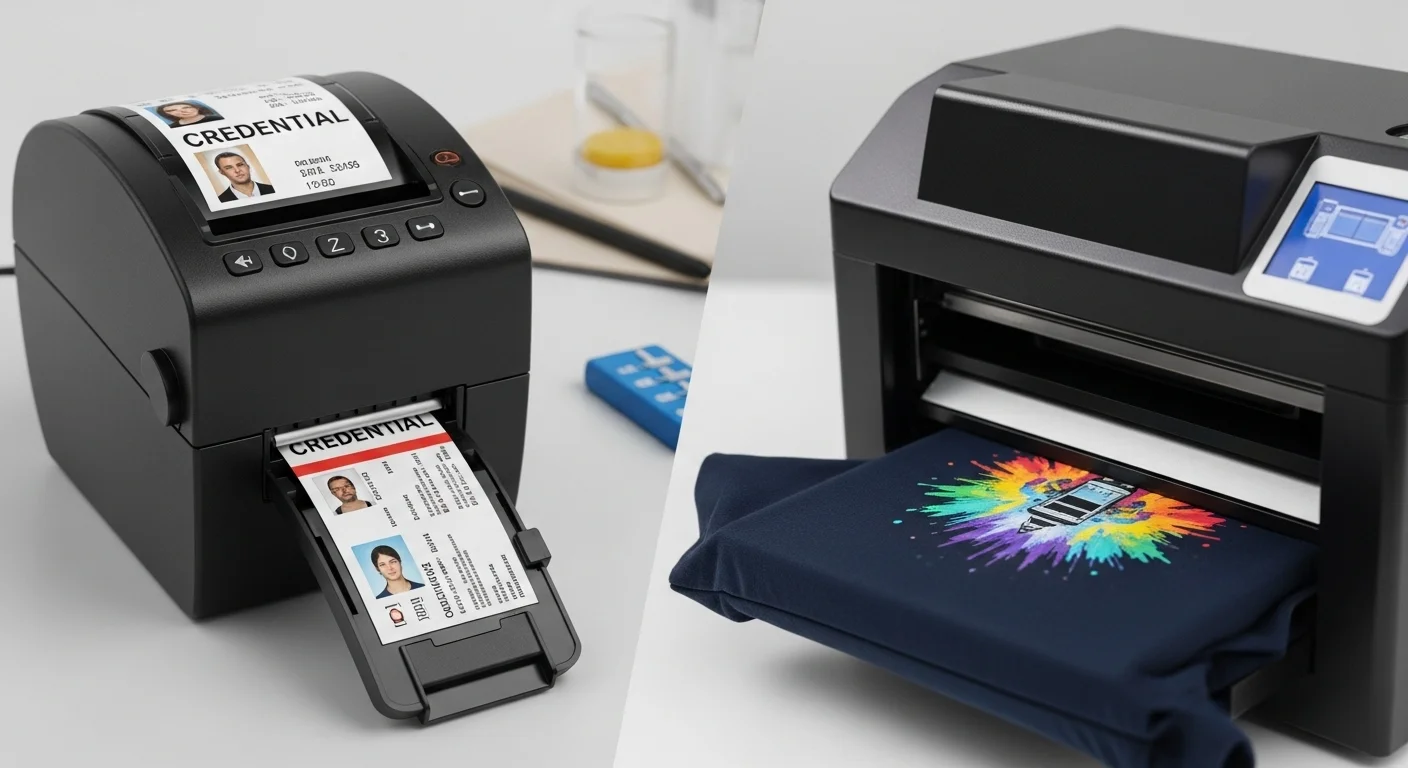 Imagen mostrando una impresora para credenciales en acción junto a una impresora para camisetas imprimiendo un diseño colorido.