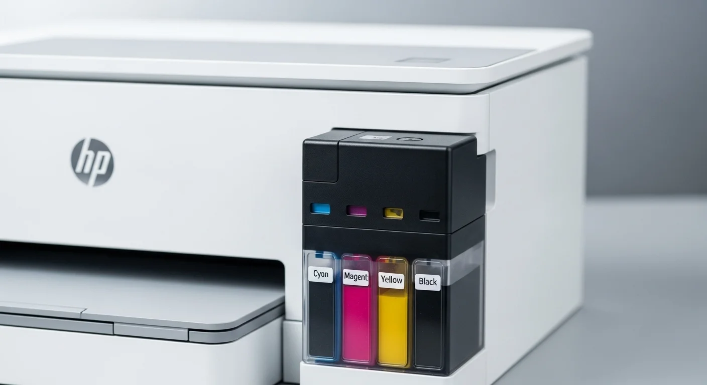 Primer plano de una impresora HP económica blanca con sistema de tanques de tinta, mostrando los niveles de color cian, magenta, amarillo y negro.