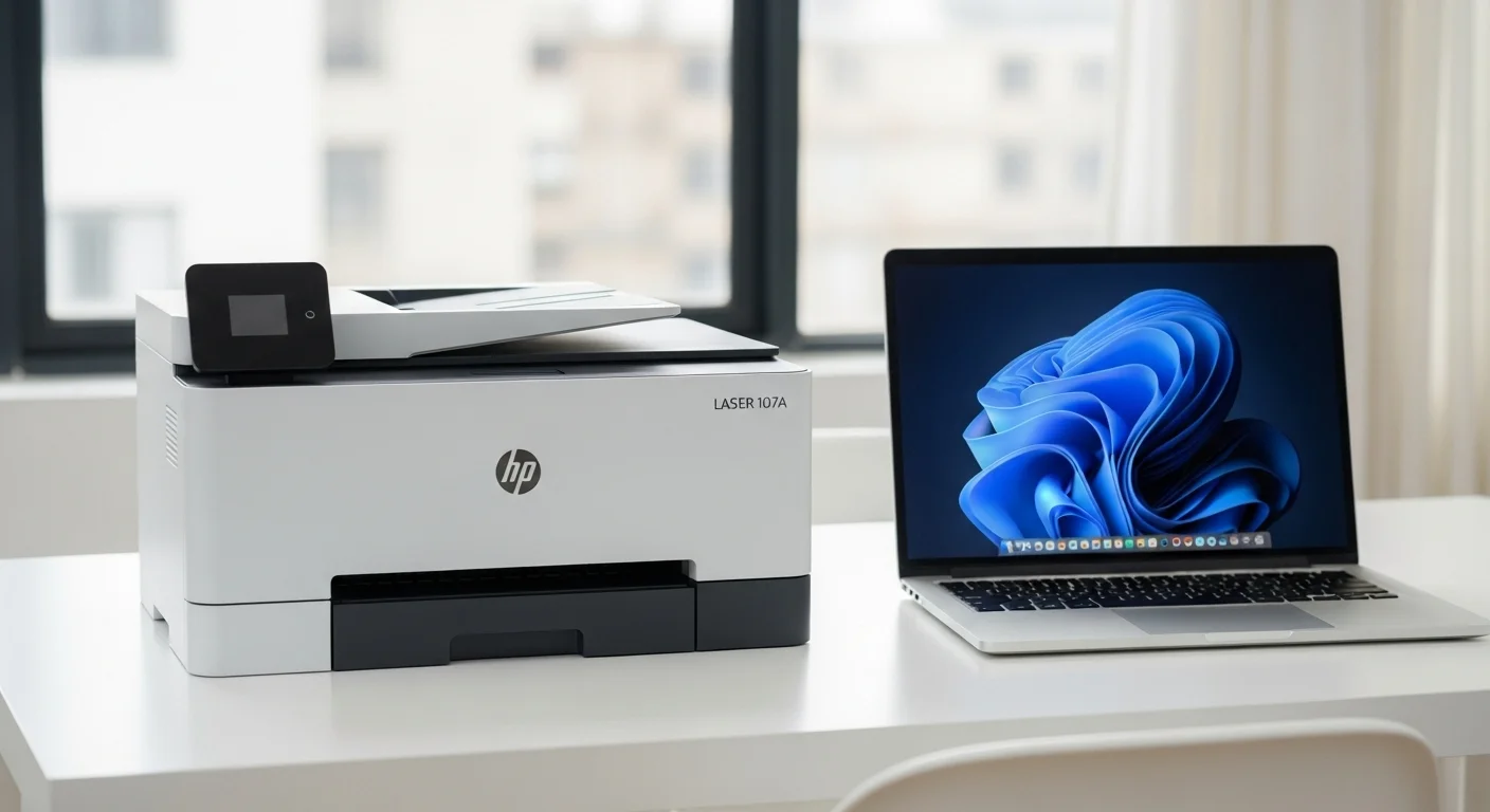 La impresora HP Laser 107a en un escritorio junto a una laptop, destacando su diseño compacto ideal para pequeñas empresas y su sinergia con las computadoras.