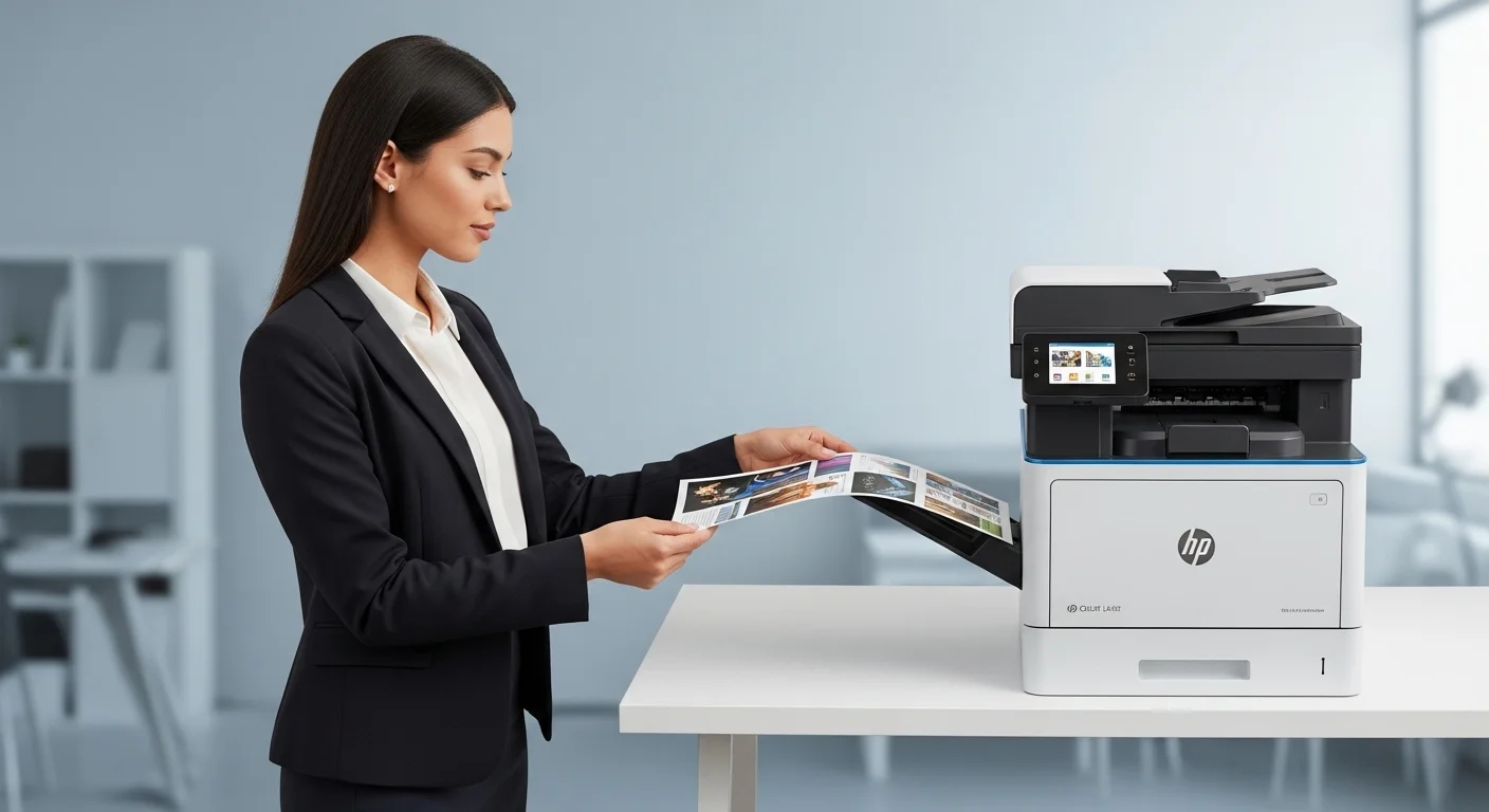 Detalle de una impresora hp laser color multifunción en un entorno de oficina, con una persona recogiendo una impresión de alta calidad.