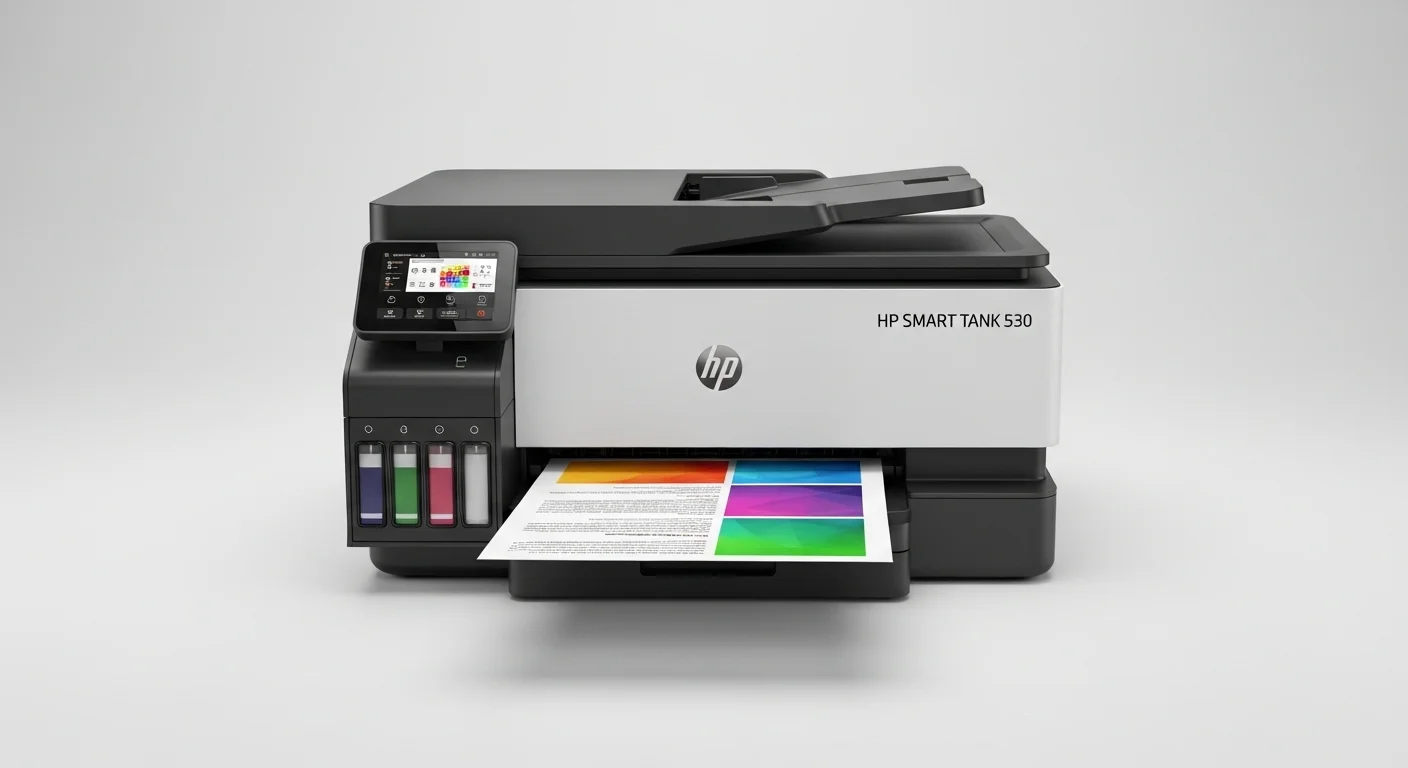 Imagen detallada de la impresora multifuncional HP Smart Tank 530 imprimiendo un documento a color, con los tanques de tinta visibles en el frente.