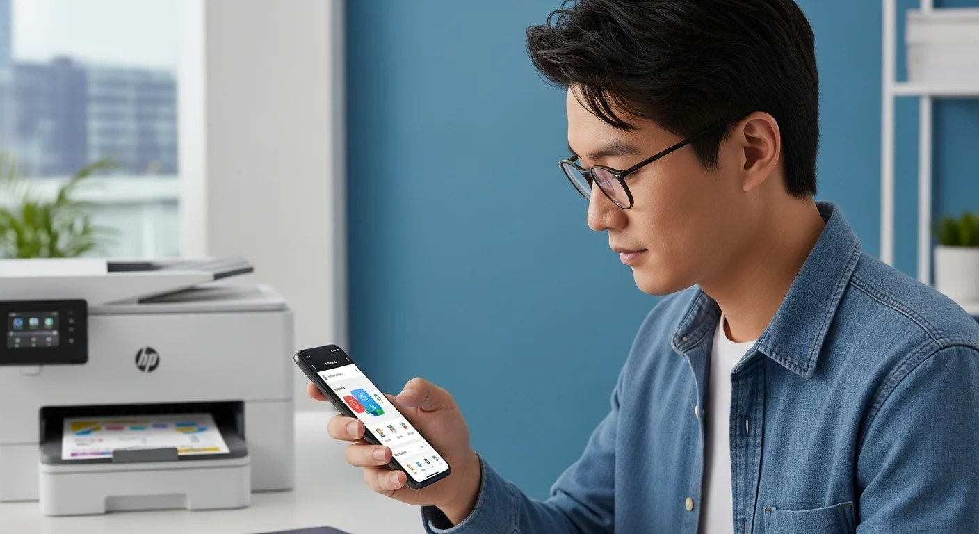 Una persona usando la aplicación HP Smart en su smartphone para controlar una impresora inalámbrica hp en segundo plano