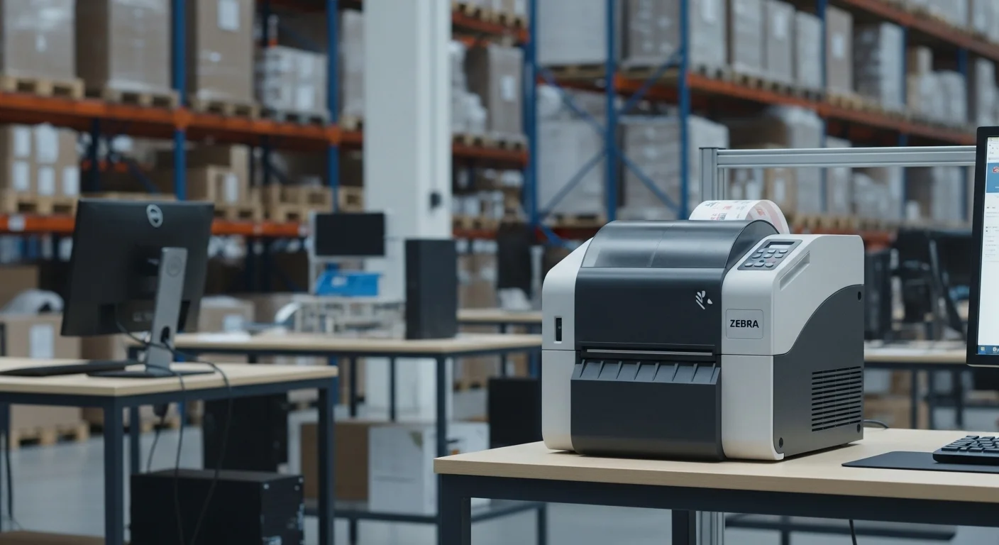 Una impresora industrial de etiquetas Zebra funcionando en un entorno de almacén, optimizando la logística con la ayuda de computadoras.