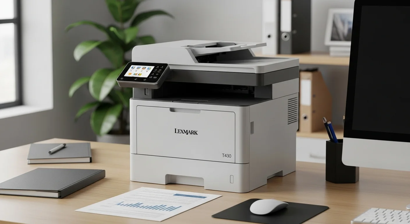 La impresora láser monocromática Lexmark T430 en un entorno de oficina, lista para imprimir documentos.