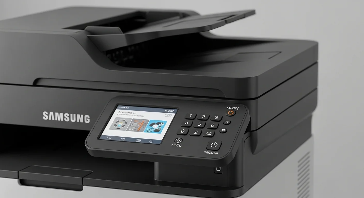 Primer plano de la impresora láser Samsung M2020 mostrando su panel de control y diseño compacto
