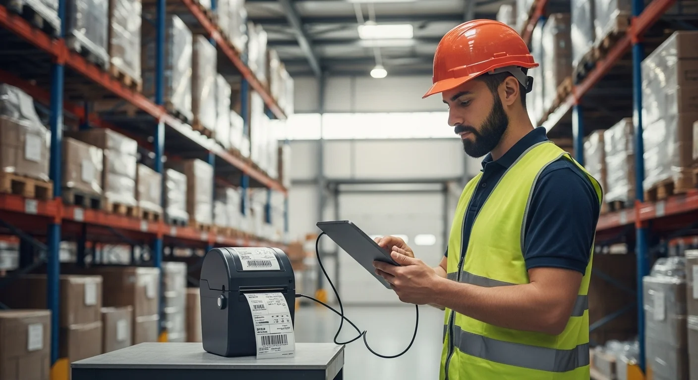 Un trabajador utilizando una impresora térmica portátil conectada a una tableta para generar una etiqueta de envío en un almacén, mostrando la flexibilidad de la tecnología y las computadoras móviles.