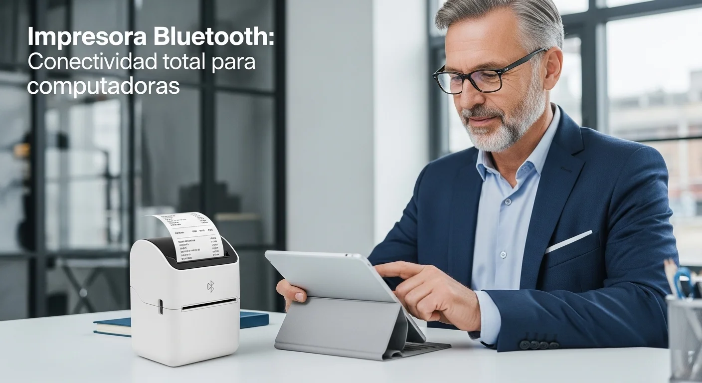 Fotografía de detalle de una persona utilizando una impresora termica bluetooth portátil para imprimir un recibo desde una tablet en un entorno comercial.