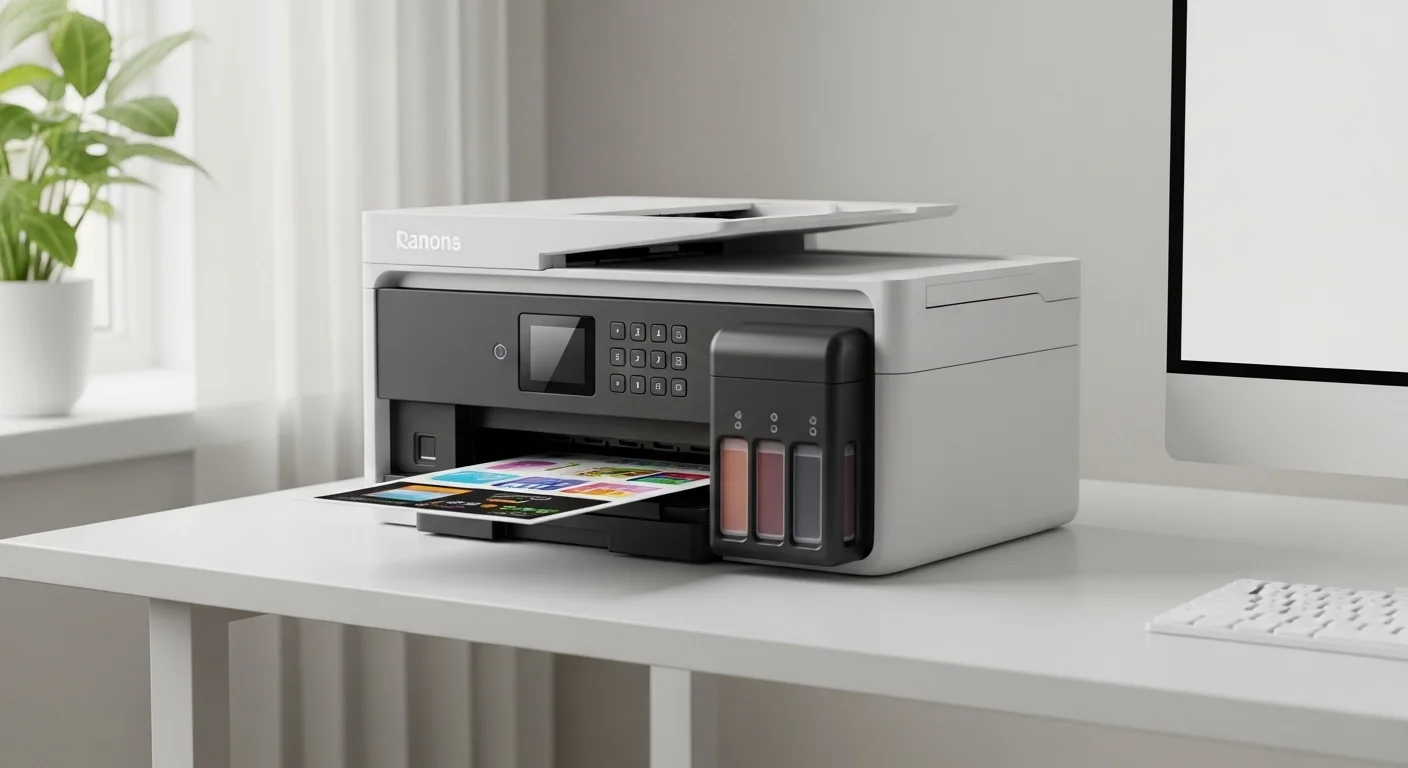 Detalle de una impresora de tanque de tinta, representando la mejor impresora calidad precio para el hogar.