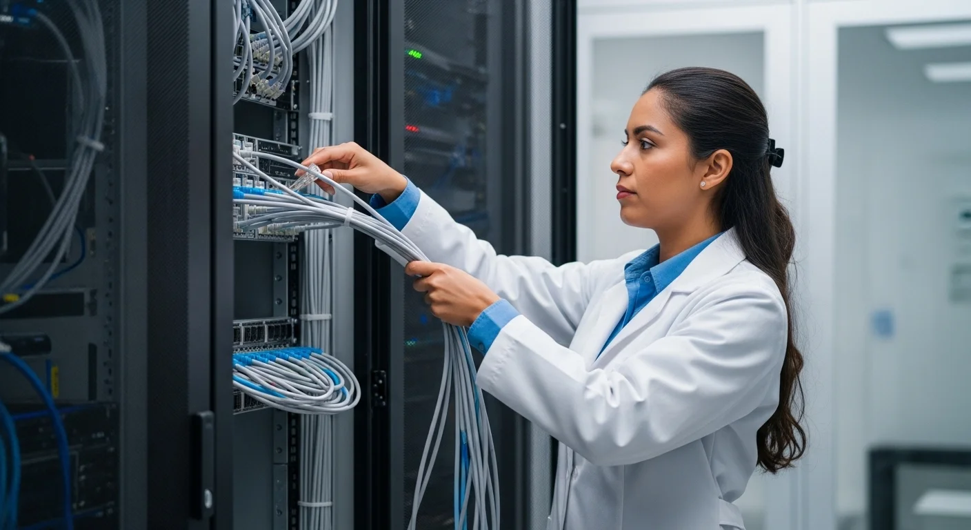 Un técnico instalando cableado en un rack de servidores, simbolizando la importancia de la infraestructura como el cable 10 precio en la tecnología.