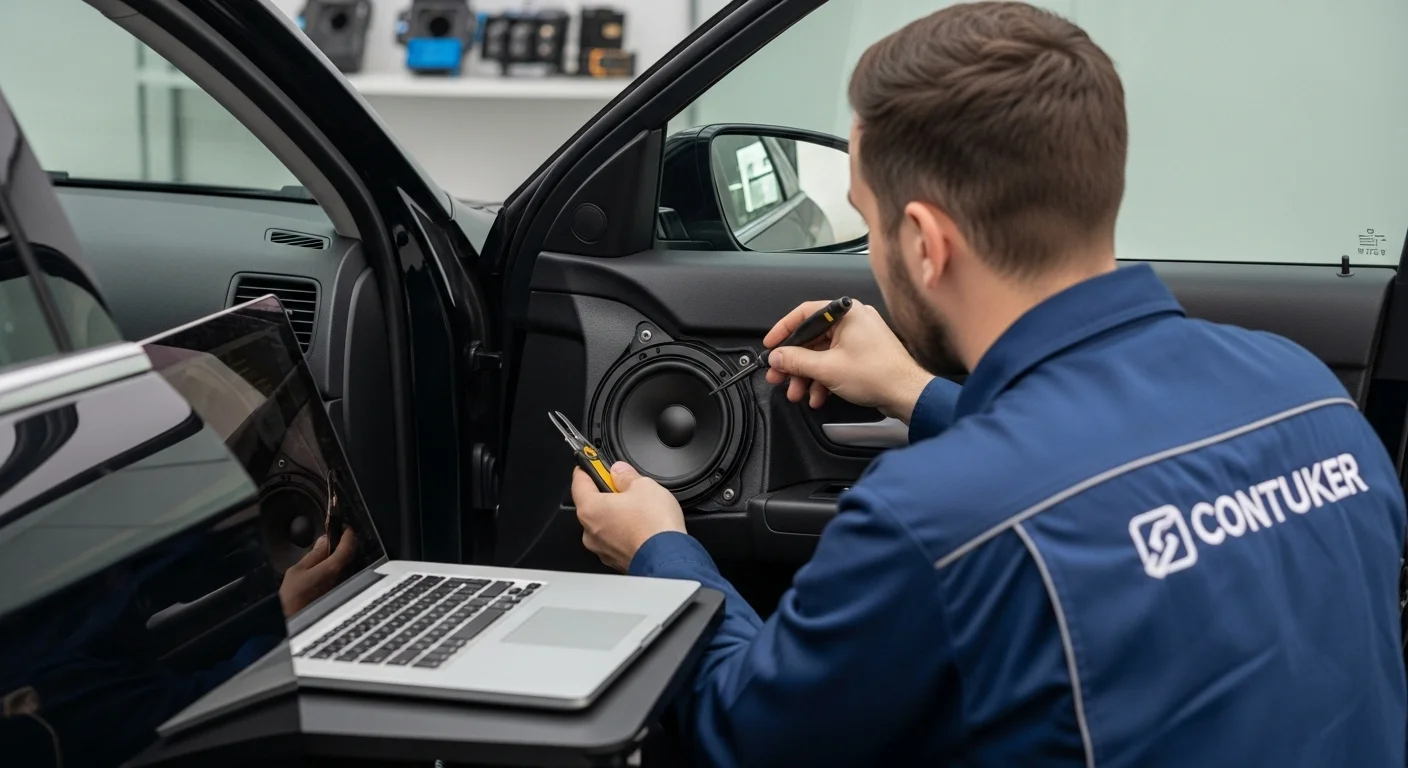 Un técnico instalando cuidadosamente una bocina redonda para carro en la puerta de un vehículo, con herramientas de tecnología y una laptop cerca.