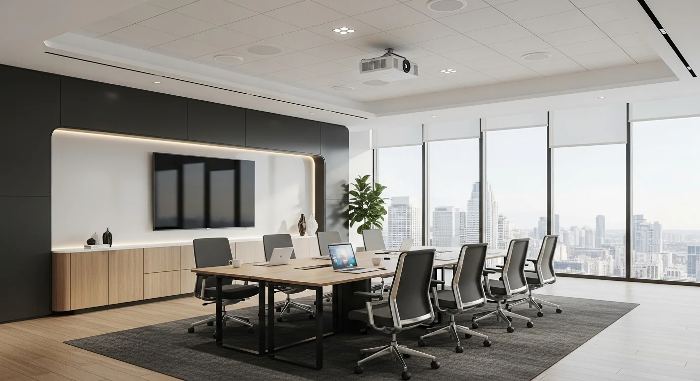 Imagen de una oficina con una sala de conferencias equipada con bocinas de techo y un proyector, mostrando una integración tecnológica completa.