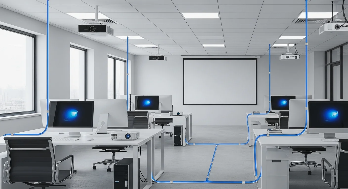 Instalación profesional de un circuito con cable 10/3 en una oficina moderna con múltiples computadoras y proyectores