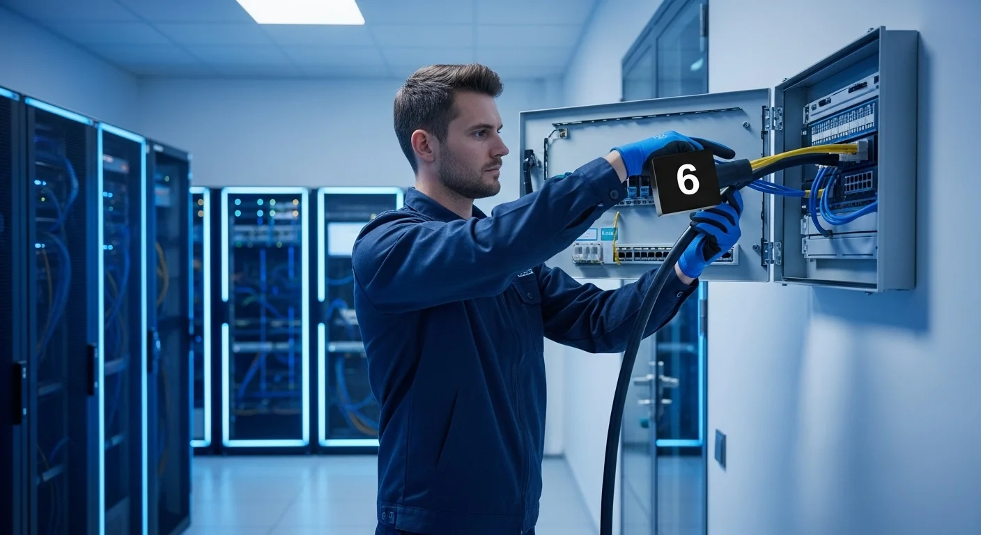 Técnico instalando un cable numero 6 en un panel de distribución eléctrica para alimentar racks de servidores y computadoras.