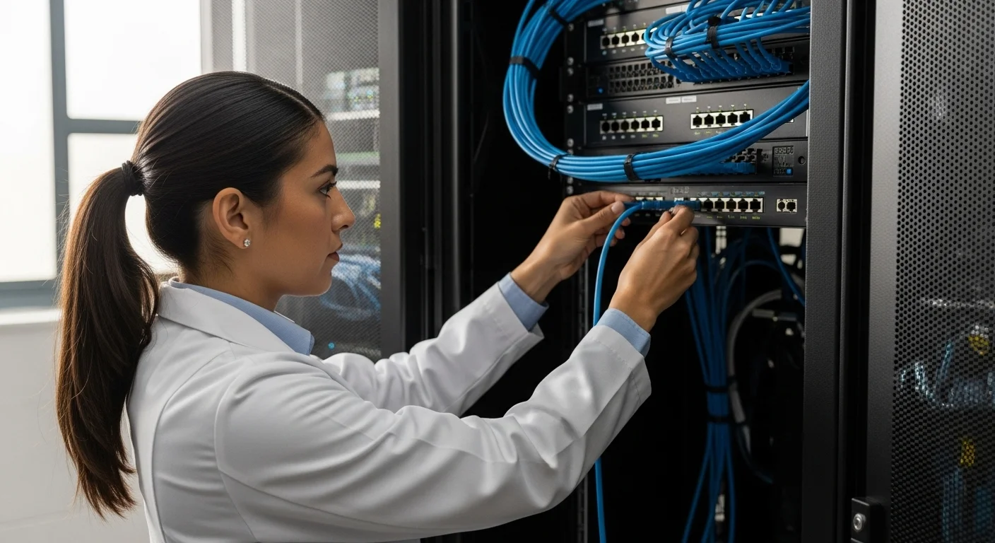 Técnico instalando un cable de red categoria 6 azul en un panel de conexiones en un rack de servidores para una red de computadoras de oficina.