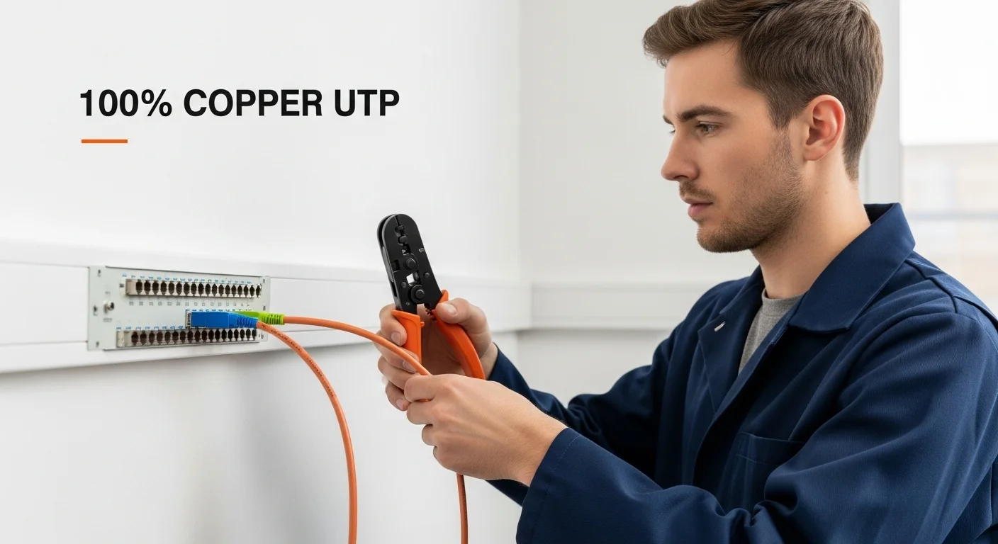 Técnico instalando un cable UTP 100% cobre en un panel de parcheo, con herramientas de crimpado visibles, representando la importancia de la calidad del cable cobre.