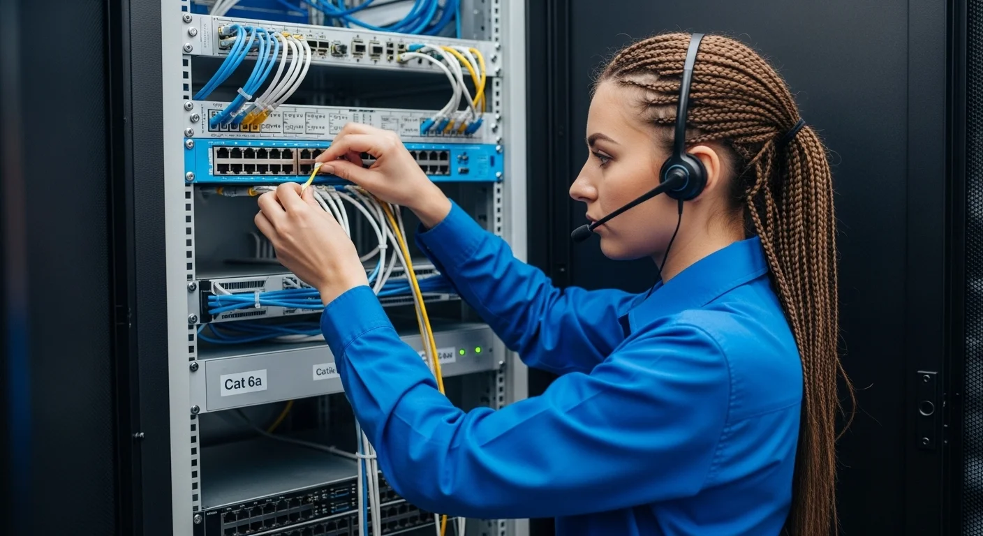 Técnico instalando cableado estructurado de categoría 6a en un rack de servidores para una red de computadoras de oficina