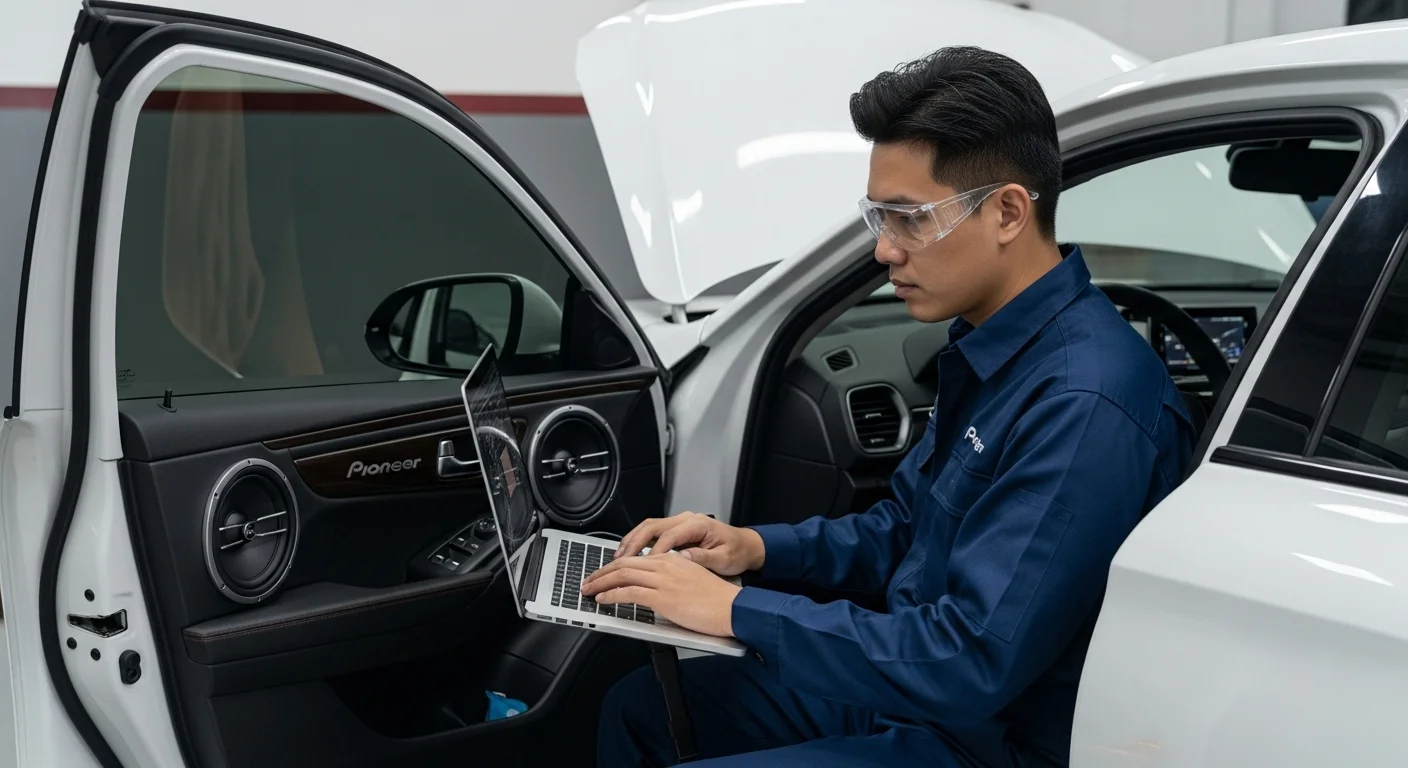 Imagen de un técnico usando una laptop para calibrar el sistema de sonido de un coche, con los parlantes Pioneer visibles en la puerta del vehículo.