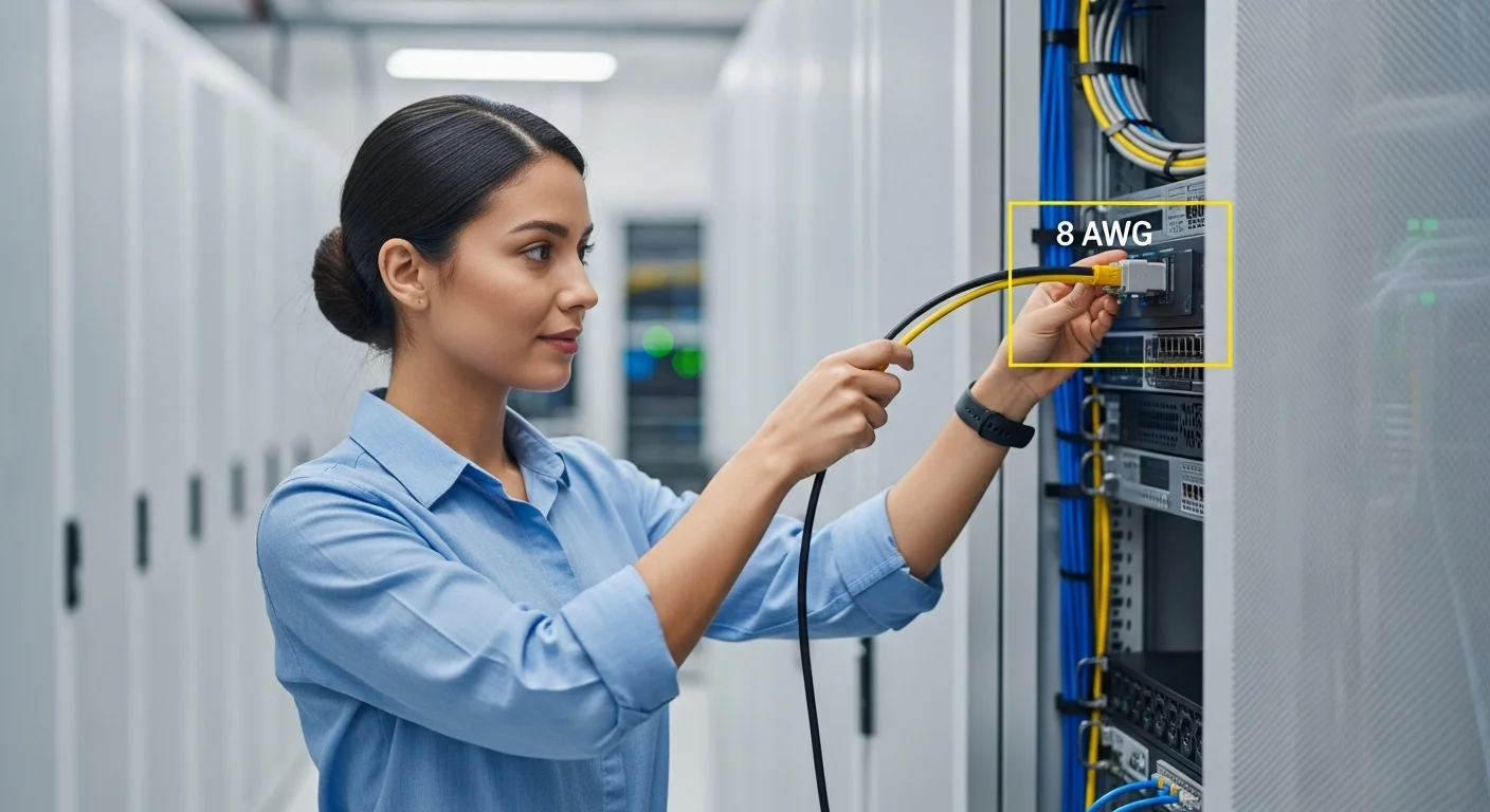 Técnico instalando un cable 8 awg grueso en una unidad de distribución de energía (PDU) de un rack de servidores