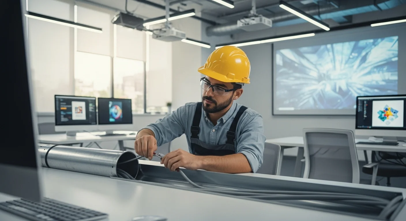 Técnico electricista instalando cableado de calibre 8 en un conducto metálico en una oficina moderna con proyectores y pantallas visibles.