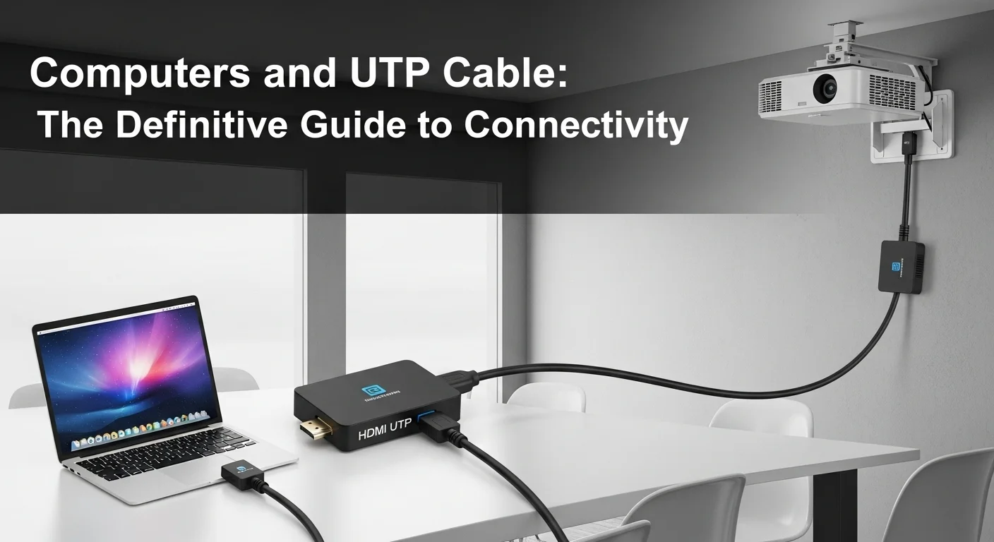 Instalación de un extensor HDMI UTP, mostrando el transmisor conectado a una laptop y el cable utp cat 6a dirigiéndose hacia un proyector en una sala de reuniones.