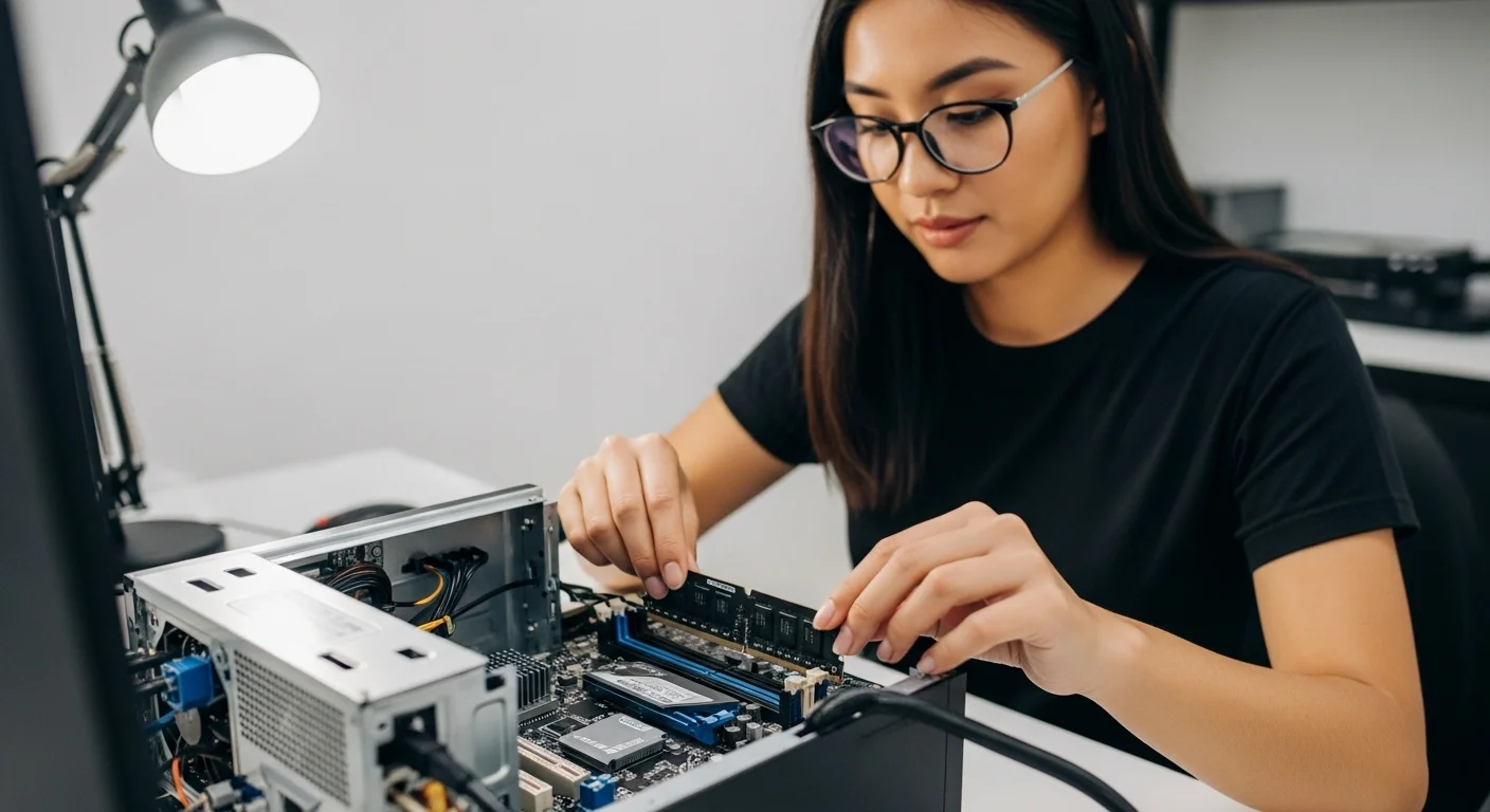 Persona instalando un módulo de memoria RAM en la placa base de una computadora de escritorio.