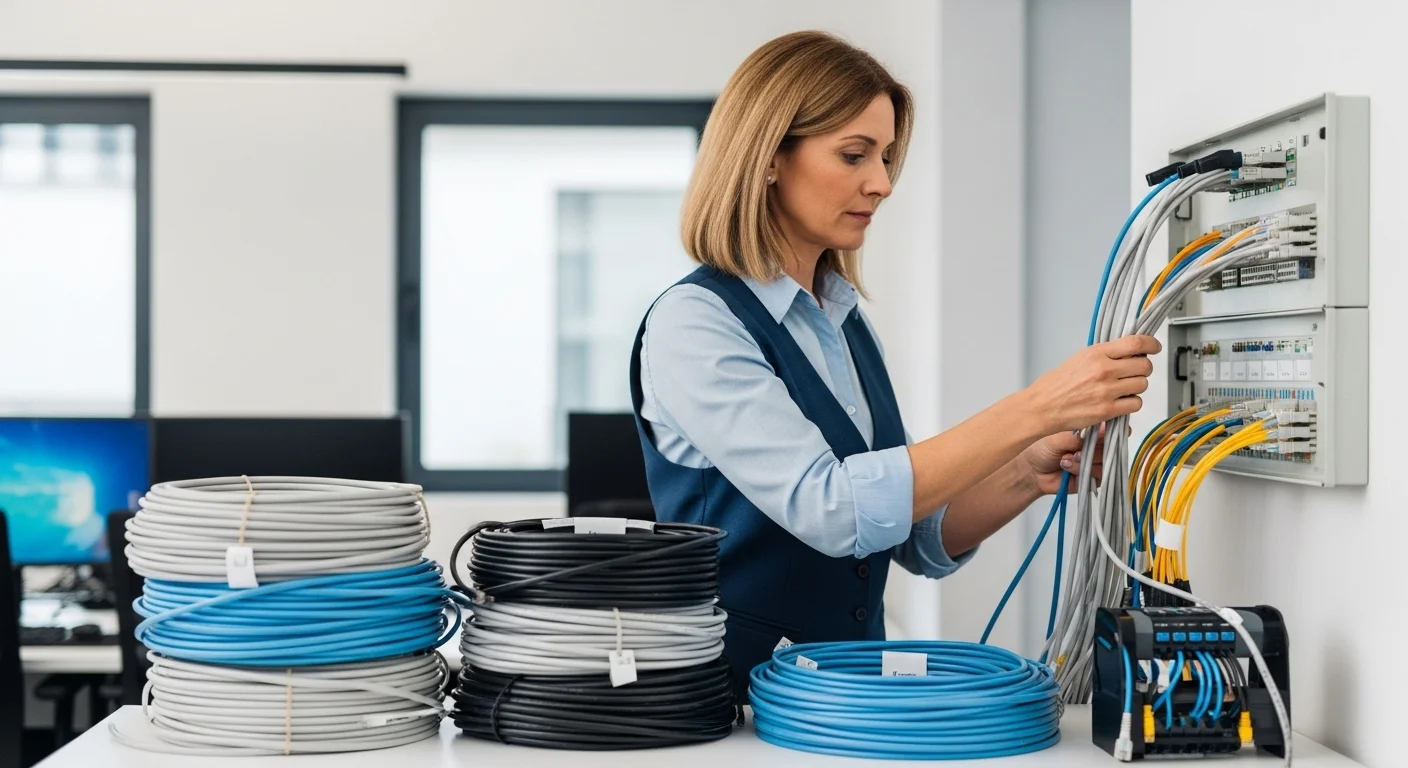 Técnico profesional instalando cableado estructurado en un entorno de oficina, mostrando rollos de cable y conexiones a un panel de conexiones.