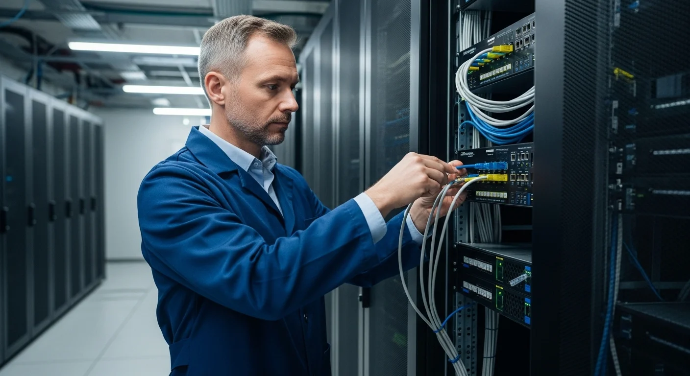 Técnico instalando un cable de par trenzado en un panel de conexiones en un rack de servidores para una red de computadoras.