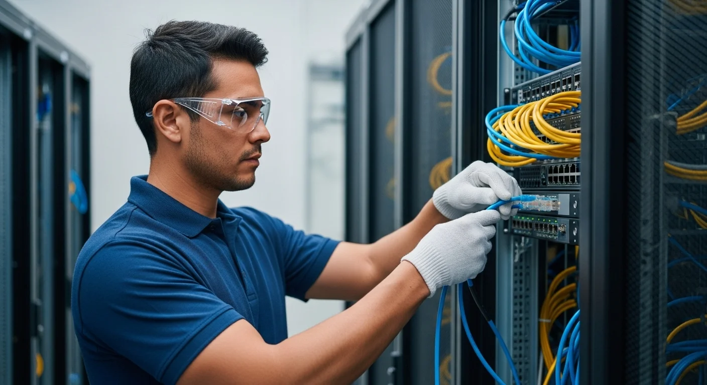 Técnico instalando cable UTP en un patch panel en un rack de servidores de oficina, representando el análisis de costo y precio de cable UTP por metro